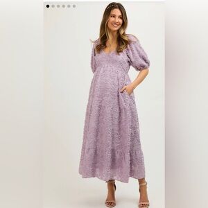 Lavender Fringe Textured Short Puff Sleeve Maternity Midi Dress